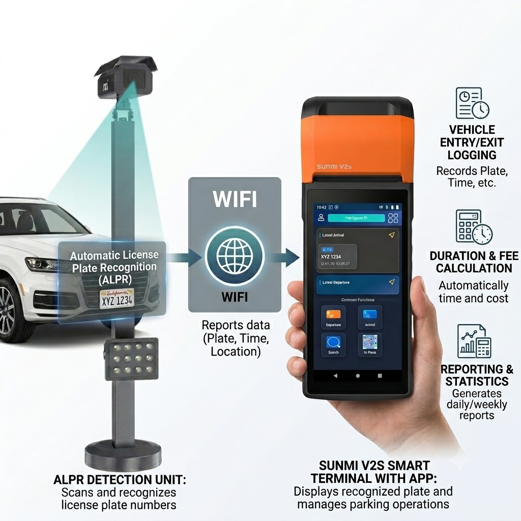 JK Parking Manager workflow — ALPR scan, WiFi sync, SUNMI terminal management